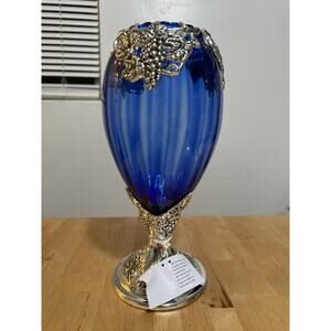 Cobalt Blue Glass Goblet Vase 11” Grapes Silver Plate NIB